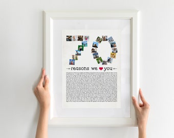 May include: A framed photo collage in white with a photo mosaic of the number 70. The text "70 reasons we love you" is below the mosaic. The photo collage is on a white wall.