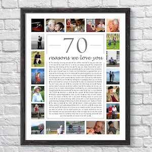 May include: A framed collage of photos with a black frame and a white mat. The collage features 16 photos of a person and their family. The text "70 reasons we love you" is printed below the photos.