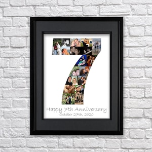 Custom 7th Anniversary Gift for Him or Her, 7th Birthday Gift, Personalized 7 Number Photo Collage, 7th Anniversary Gift for Husband or Wife