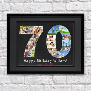 May include: A black framed photo collage of a 70th birthday celebration. The number 70 is made up of photos of people. The text "Happy Birthday William! August 20, 2017" is written below the number.