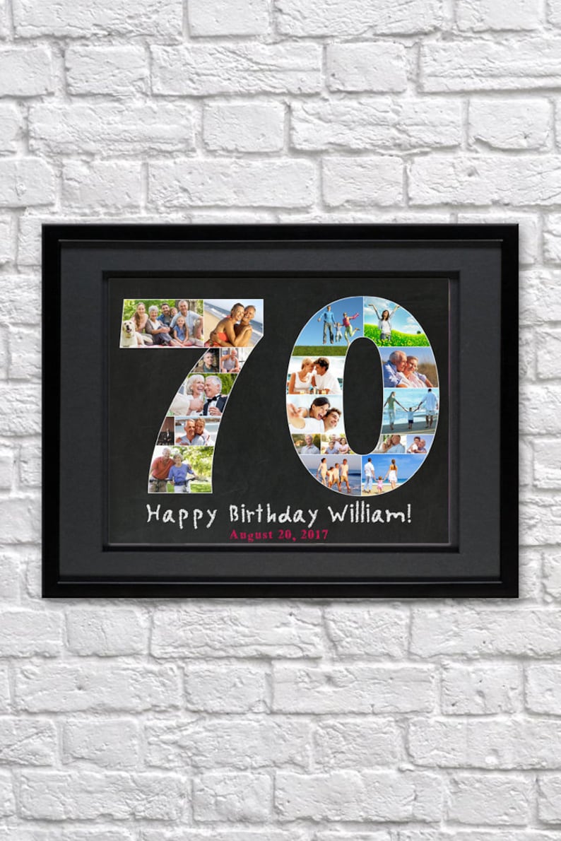 May include: A black framed photo collage of a 70th birthday celebration. The number 70 is made up of photos of people. The text "Happy Birthday William! August 20, 2017" is written below the number.