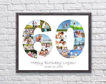 May include: A white photo collage in a black frame with a photo montage of a family in the shape of the number 60. The text "Happy Birthday Logan! October 20, 2017" is below the number.
