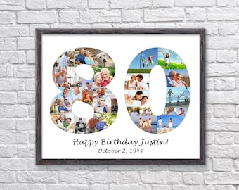 May include: A white framed photo collage of a person's life, featuring photos of a couple, family, and friends. The photos are arranged in the shape of the number 80. The text "Happy Birthday Justin! October 2, 1944" is printed below the collage.