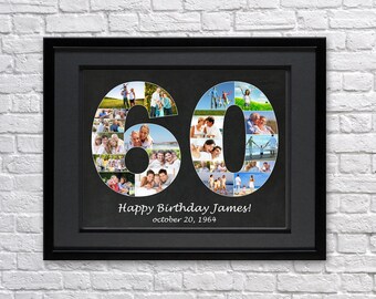 May include: A black framed photo collage of a 60th birthday celebration. The numbers 60 are made up of photos of people. The text "Happy Birthday James! October 20, 1964" is below the numbers.