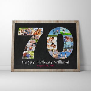 May include: A black chalkboard with a white wooden frame features a photo collage of the number 70. The number is made up of individual photos. The text "Happy Birthday William! August 28, 1957" is written in white on the chalkboard.