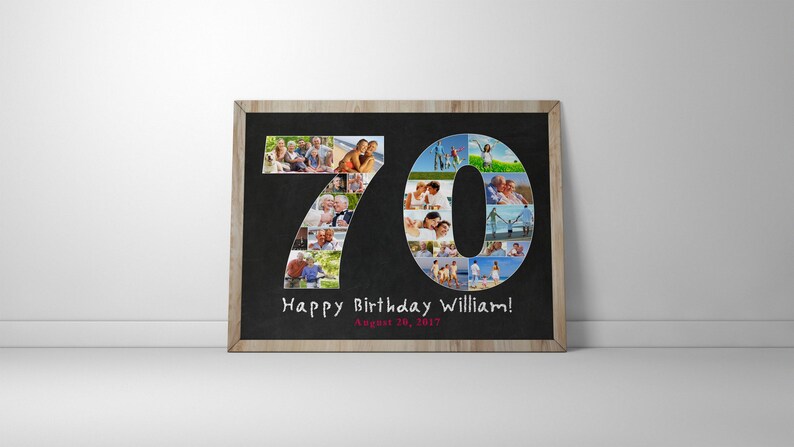 May include: A black chalkboard with a white wooden frame features a photo collage of the number 70. The number is made up of individual photos. The text "Happy Birthday William! August 28, 1957" is written in white on the chalkboard.