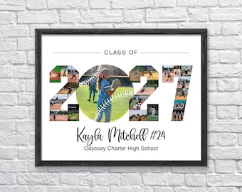 May include: A framed collage print titled Class of 2027 featuring softball photos arranged within the numbers 2, 0, 2, and 7. The center features a softball graphic with the name Kayla Mitchell #24 and Odyssey Charter High School below.