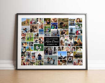 May include: A rectangular photo collage print in a black frame featuring numerous candid snapshots of people in various outdoor and indoor settings. A central black text box reads: HAPPY 75TH BIRTHDAY, Kevin Davis, DECEMBER 9, 1949.