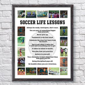 Collage de fotos personalizado con lecciones de vida de fútbol, póster impreso de fútbol, regalo de fútbol para niño o niña, póster deportivo motivacional, regalo de equipo