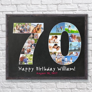 May include: A black chalkboard with a white frame, featuring a photo collage in the shape of the number 70. The collage is made up of various photos of people, and the text "Happy Birthday William! August 20, 2017" is written below the number.