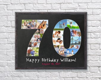 Puede incluir: Una pizarra negra con un marco blanco, que presenta un collage de fotos en forma del número 70. El collage está formado por varias fotos de personas, y el texto "Happy Birthday William! August 20, 2017" está escrito debajo del número.