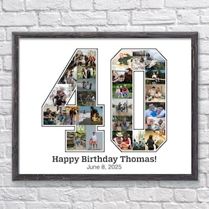 Collage photo personnalisé pour 40e anniversaire, cadeau 40e anniversaire, numéro 40 à imprimer, cadeau 40e anniversaire pour homme ou femme