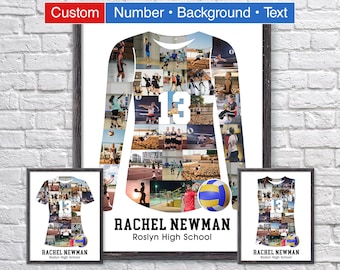 May include: A framed volleyball jersey collage with the number 13, featuring photos of players. The text "RACHEL NEWMAN Roslyn High School" is displayed below the jersey. Two smaller framed versions are also visible.