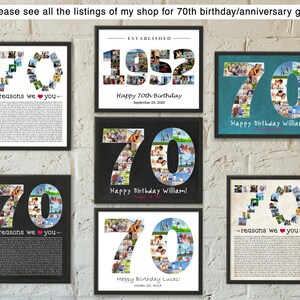 May include: Six different photo collage designs for a 70th birthday or anniversary. Each design features a large number 70 made of photos, with a personalized message and date. The designs include a black and white photo collage, a blue photo collage, a chalkboard photo collage, and a white photo collage.