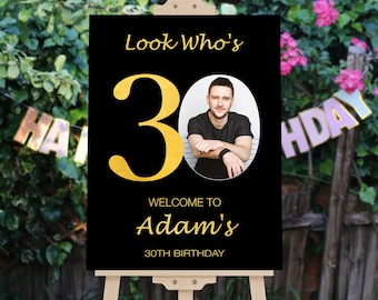 30th Birthday Welcome Sign, Photo Birthday Party Decor with 1 photo