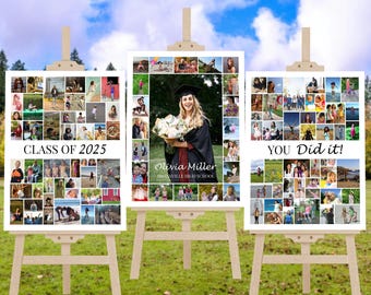 May include: Three white rectangular photo collage boards displayed on wooden easels. The left board reads CLASS OF 2025, the centre board features Olivia Miller, and the right board reads YOU Did it!, all showcasing numerous small personal photographs.