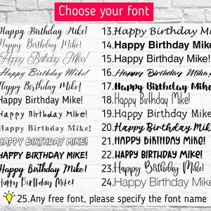 May include: A white brick wall background with a list of 25 different font styles for the phrase "Happy Birthday Mike!"  The list includes a variety of fonts, including cursive, bold, and playful styles.  The last option is "Any free font, please specify the font name."
