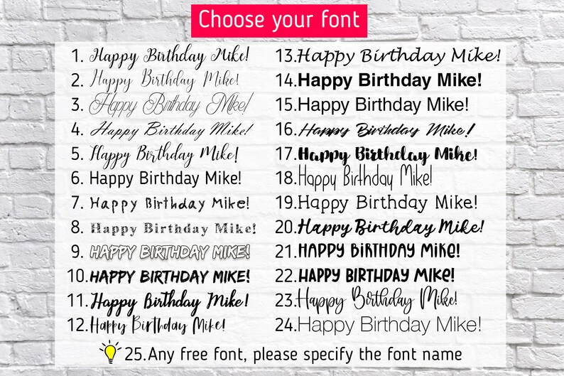 May include: A white brick wall background with a list of 25 different font styles for the phrase "Happy Birthday Mike!"  The list includes a variety of fonts, including cursive, bold, and playful styles.  The last option is "Any free font, please specify the font name."