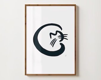 Cat Illustration Print | Black and White   | Minimalist Original Fine Art Print | Digital Download
