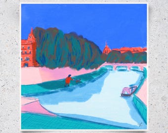 Rome Tiber River Dusk Art Print – Signed Cathedral Skyline, Dog Walker Artwork (Giclée)