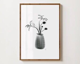 Ikebana Flower Vase Print: Minimalist Black and White Art (Digital Download)