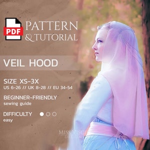 May include: A PDF pattern and tutorial for a veil hood. The pattern is for sizes XS-3X, US 6-26, UK 8-28, EU 34-54. The pattern is beginner-friendly and the difficulty level is easy.