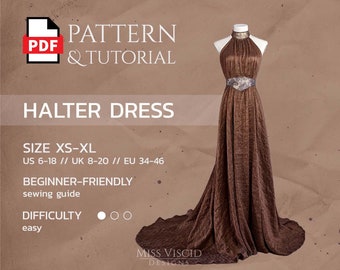 Neckholder Kleid mit Schleppe und tiefem Rückenausschnitt als PDF-Schnittmuster mit Tutorial in DIN A4 und A0 für Plotter