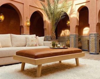 Handmade Brown Leather Bench Coffee Table | Moroccan Cedar Wood Ottoman | Large, Moroccan Modular Bench & Coffee Table