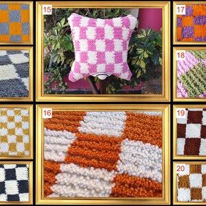 May include: A collection of ten checkerboard patterned rugs and pillows in various colors, including pink, orange, white, brown, gray, and green. The rugs and pillows are made of fluffy, textured yarn.