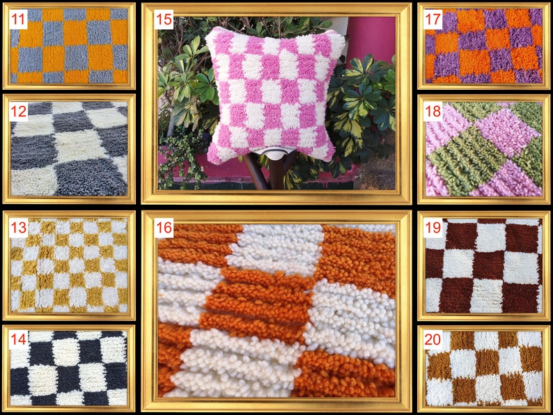 May include: A collection of ten checkerboard patterned rugs and pillows in various colors, including pink, orange, white, brown, gray, and green. The rugs and pillows are made of fluffy, textured yarn.