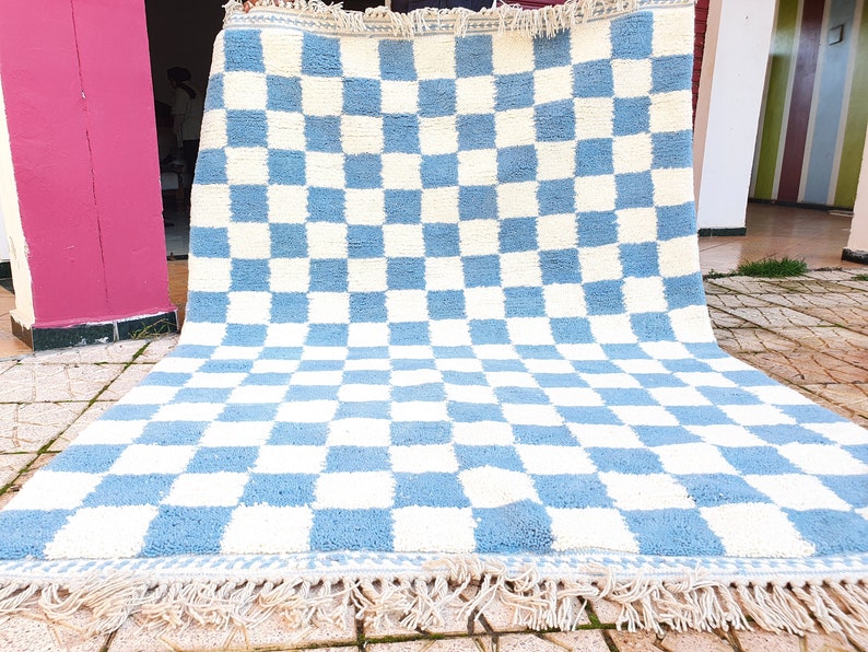 blue sky checkered Rug Wool Hand Woven Genuine Moroccan Beni Ourain Carpet Soft Shag Artistic Oriental checker moroccan rug plaid rug image 6