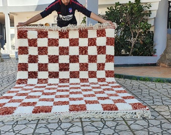 Brown checkered colourful Rug Wool Hand Woven Genuine Moroccan checker rug Beni Ourain Carpet Soft Artistic Oriental checker moroccan rug