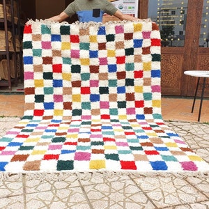 checkered moroccan rug multicolor Hand Woven Genuine Moroccan checkered carpet Beni Ourain Carpet Soft Shag Artistic Oriental plaid rug image 3
