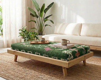 Green Moroccan Modular Bench & Coffee Table Geometric Kilim Fabric on Rustic Natural Wood Base with Cylindrical Legs more color choose