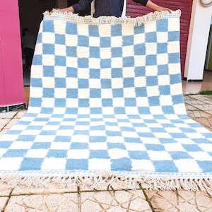 blue sky checkered Rug Wool Hand Woven Genuine Moroccan Beni Ourain Carpet Soft Shag Artistic Oriental checker moroccan rug plaid rug image 1