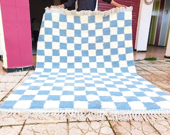 blue sky checkered Rug Wool Hand Woven Genuine Moroccan Beni Ourain Carpet Soft Shag Artistic Oriental checker moroccan rug plaid rug