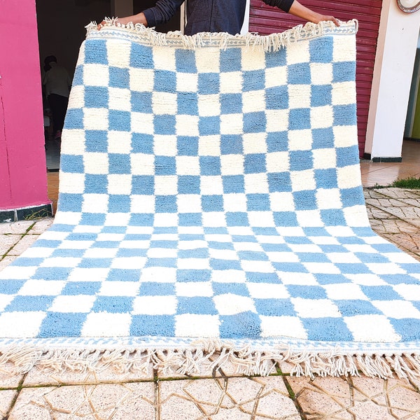 blue sky checkered Rug Wool Hand Woven Genuine Moroccan Beni Ourain Carpet Soft Shag Artistic Oriental checker moroccan rug plaid rug