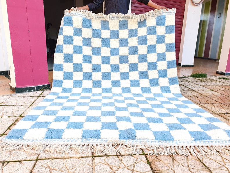 blue sky checkered Rug Wool Hand Woven Genuine Moroccan Beni Ourain Carpet Soft Shag Artistic Oriental checker moroccan rug plaid rug image 1