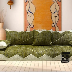 Canapé de sol marocain vert olive, pouf de sol marocain, ensemble doreillers de canapé au sol Pouf Beni Ourain, oreillers de sol, pouf de sol, farci image 1