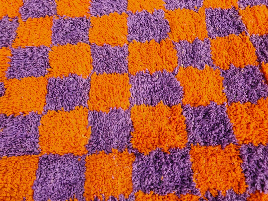 Checkered Purple / Orange Rug Wool Hand Woven Genuine Moroccan Etsy