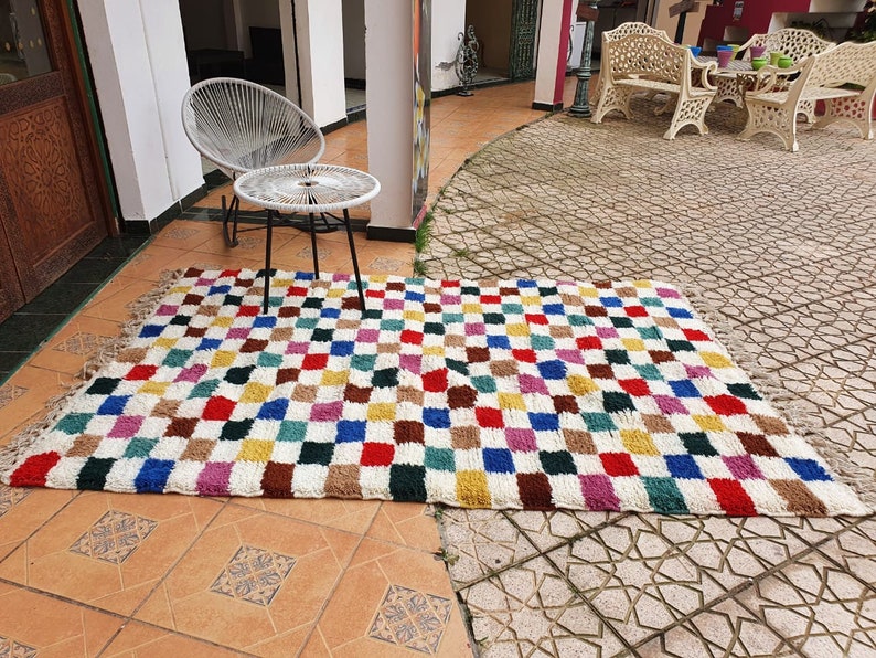 checkered moroccan rug multicolor Hand Woven Genuine Moroccan checkered carpet Beni Ourain Carpet Soft Shag Artistic Oriental plaid rug image 2