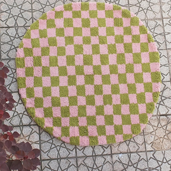 checkered green and pink round Rug Wool Hand Woven Genuine Moroccan Beni Ourain Carpet Soft Shag Artistic Oriental checker moroccan rug