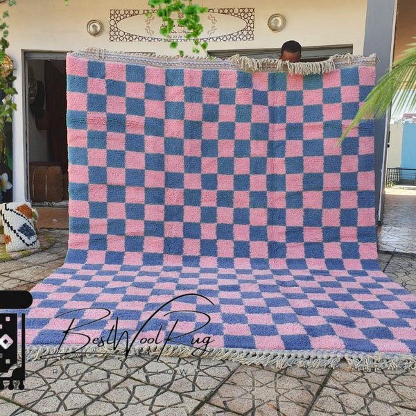 pink and blue checkered Rug Wool Hand Woven Genuine Moroccan Beni Ourain Carpet Soft Shag Artistic Oriental checker moroccan rug