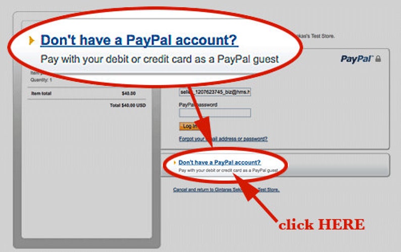 May include: A screenshot of a PayPal checkout page with a red arrow pointing to a button that says "Don't have a PayPal account? Pay with your debit or credit card as a PayPal guest."