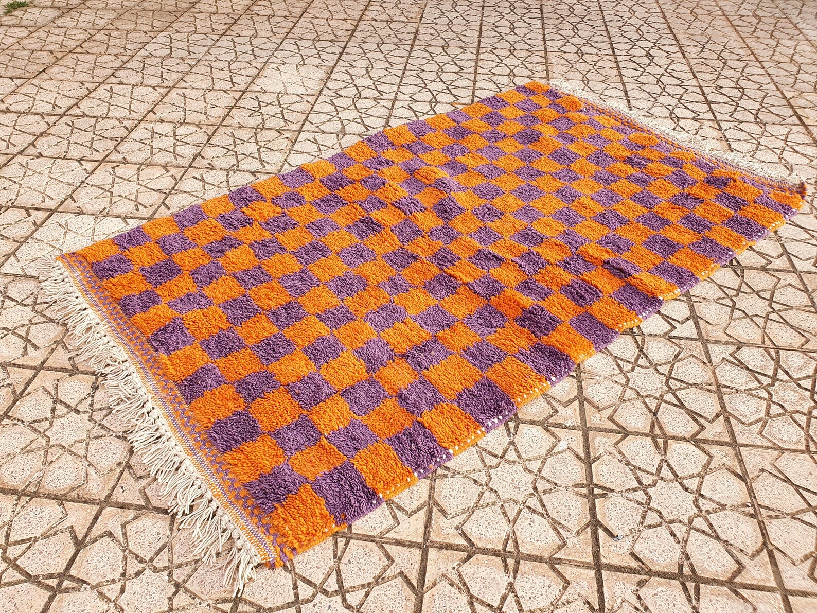 Checkered Purple / Orange Rug Wool Hand Woven Genuine Moroccan Etsy