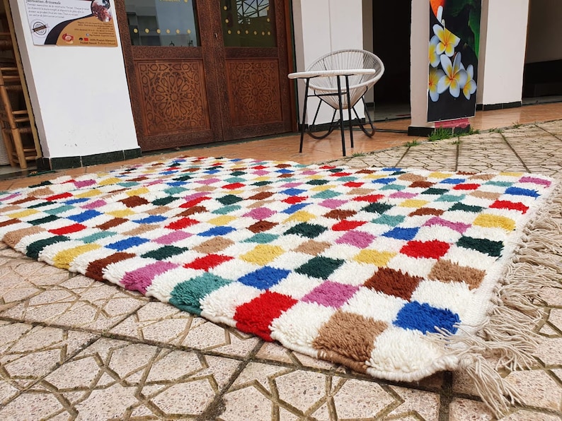 checkered moroccan rug multicolor Hand Woven Genuine Moroccan checkered carpet Beni Ourain Carpet Soft Shag Artistic Oriental plaid rug image 5