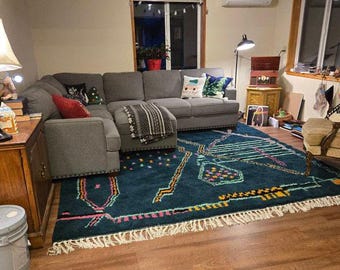 Fabulous dark green Boujad Rug Moroccan Rug Wool Hand Woven Genuine Moroccan Beni Ourain Carpet Soft Shag Artistic Oriental checker