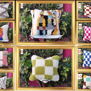 May include: Ten different colorful square throw pillows with various geometric patterns. The pillows are displayed in a grid of ten frames with gold trim.