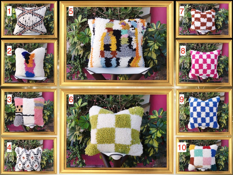 May include: Ten different colorful square throw pillows with various geometric patterns. The pillows are displayed in a grid of ten frames with gold trim.
