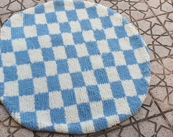 checkered blue sky round Rug Wool Hand Woven Genuine Moroccan Beni Ourain Carpet Soft Shag Artistic Oriental checker moroccan rug
